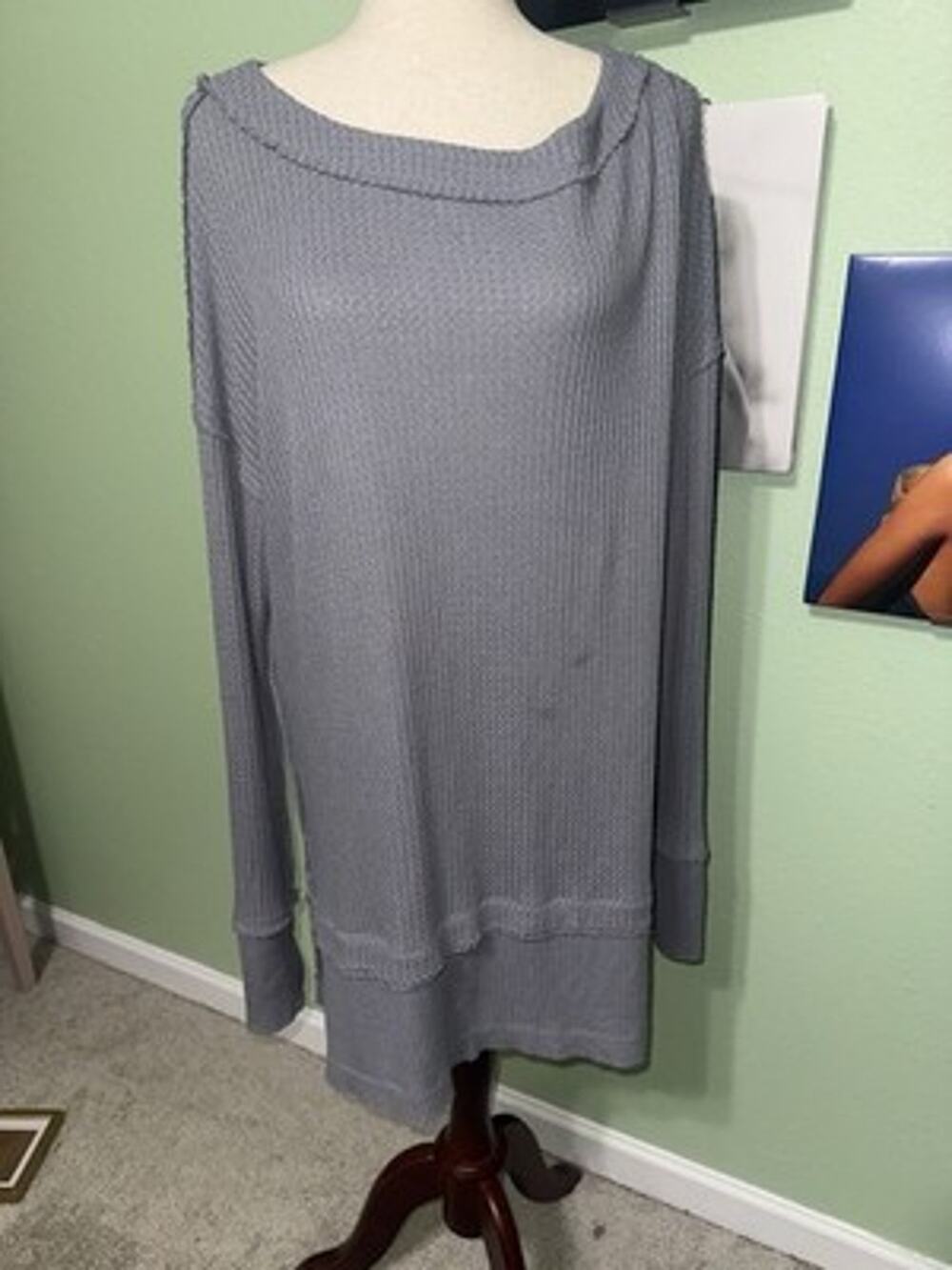 We The Free Waffle Knit Tunic Sweater Womens Size M Gray Oversized Slouchy Boho